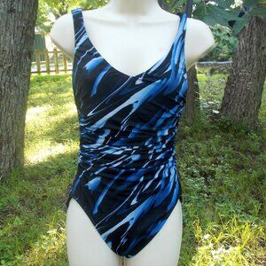 Elegant One Piece Swimsuit with "Swirl"  Black and Blue Body..by Miraclesuit